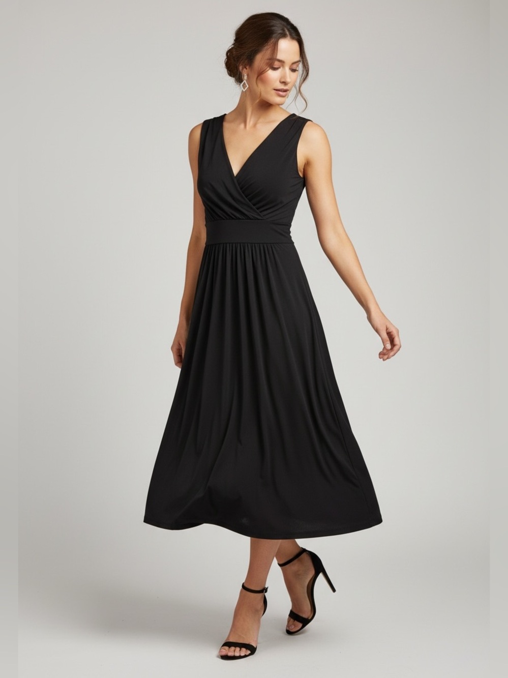 Sleeveless Black V-Neck Midi Dress cocktail Dress with Defined Waist